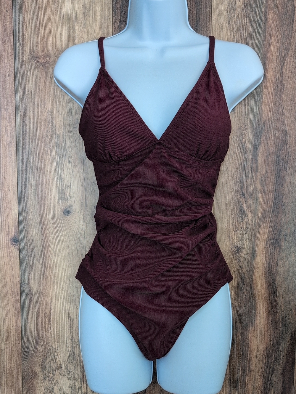 Cupshe Ribbed One-Piece Swimsuit in Deep Burgundy NWT S 529A